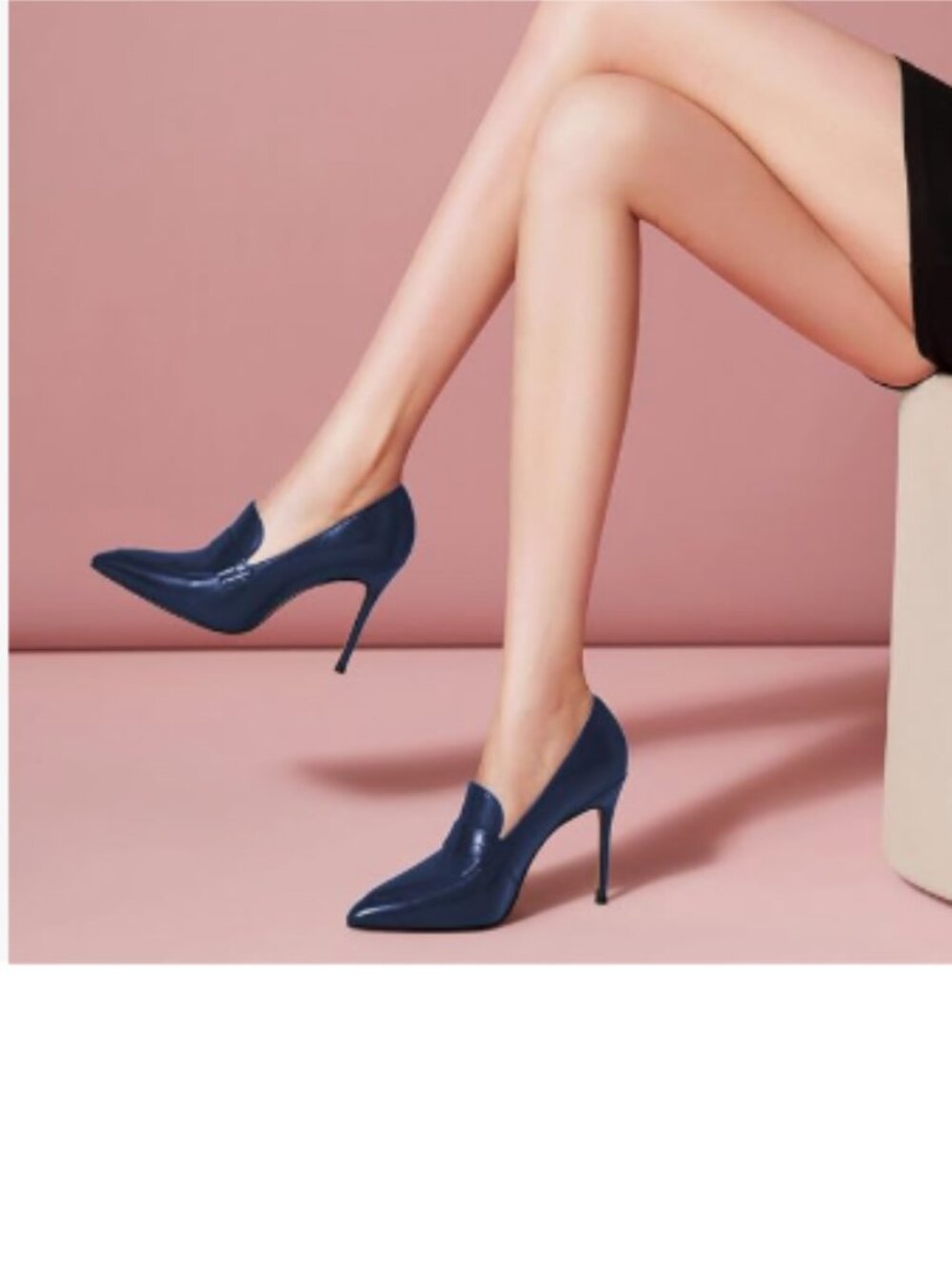 miss left Blue High Heel Loafer Pumps with Trim Closed Pointed Toe Slip on Shoe
